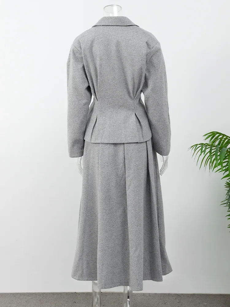 2025 Autumn Winter New Lady Office Outfits Blazer Skirts Two Piece Set Women Winter Grey Lapel Slim Fit Blazers Pleated Skirt