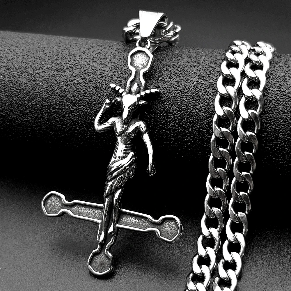 Colar com Pingente Baphomet Bode Satânico Demônio Cruz Invertida para Mulheres e Homens, Joia Retrô de Aço Inoxidável Cor Prata