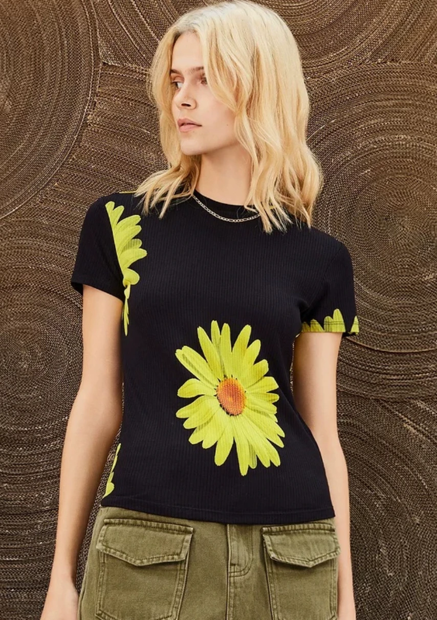 

Foreign trade original order Spanish fashion sunflower slim fit short sleeved women's T-shirt high elasticity new style