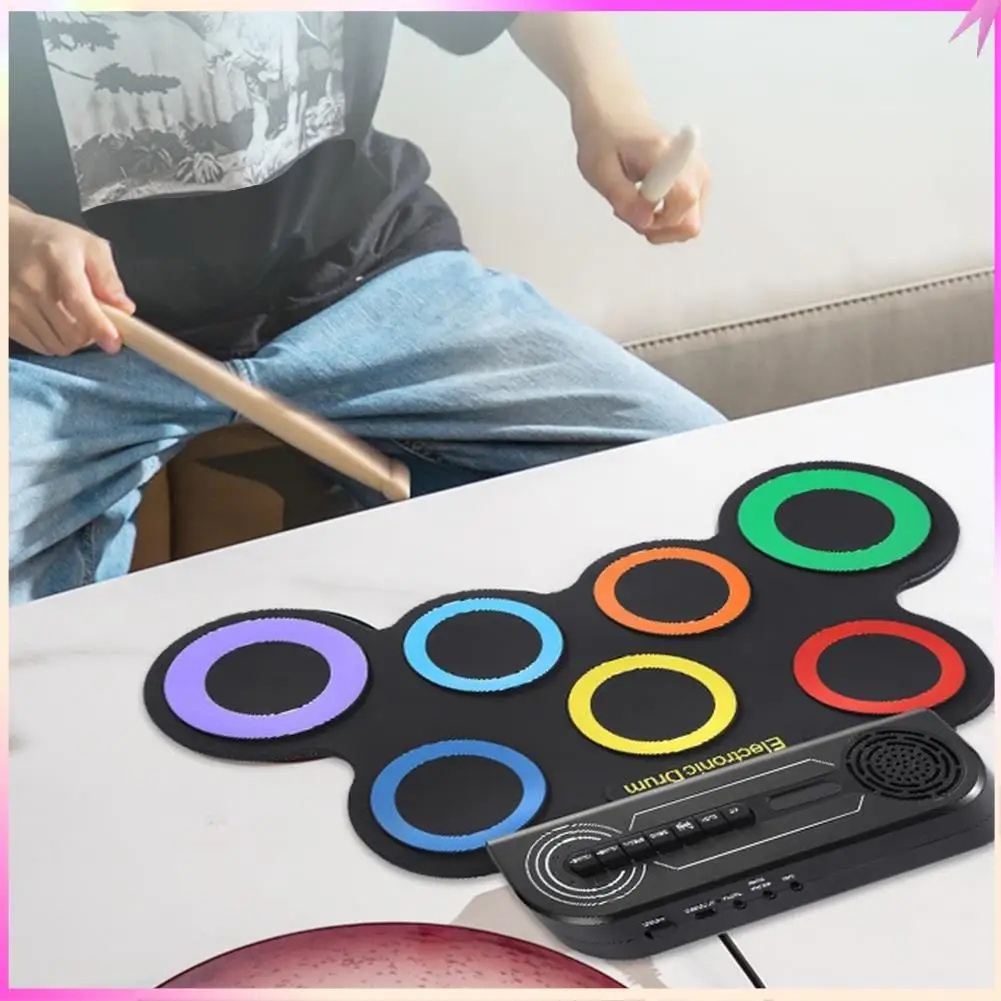 B68C Roll Up Drum Machine Electric Drum Set With Built-In Speaker, Kids Portable Featuring 2 Foot Pedals& Drumsticks Color+Black