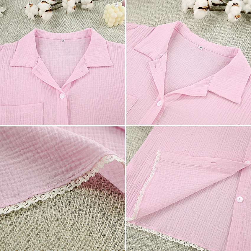 Autumn Pink Pure Cotton Sleepwear Women\'s 100% Cotton Pyjama Lace Cardigan Long-sleeved Shorts Pajamas Home Wears 2Pcs Nightwear