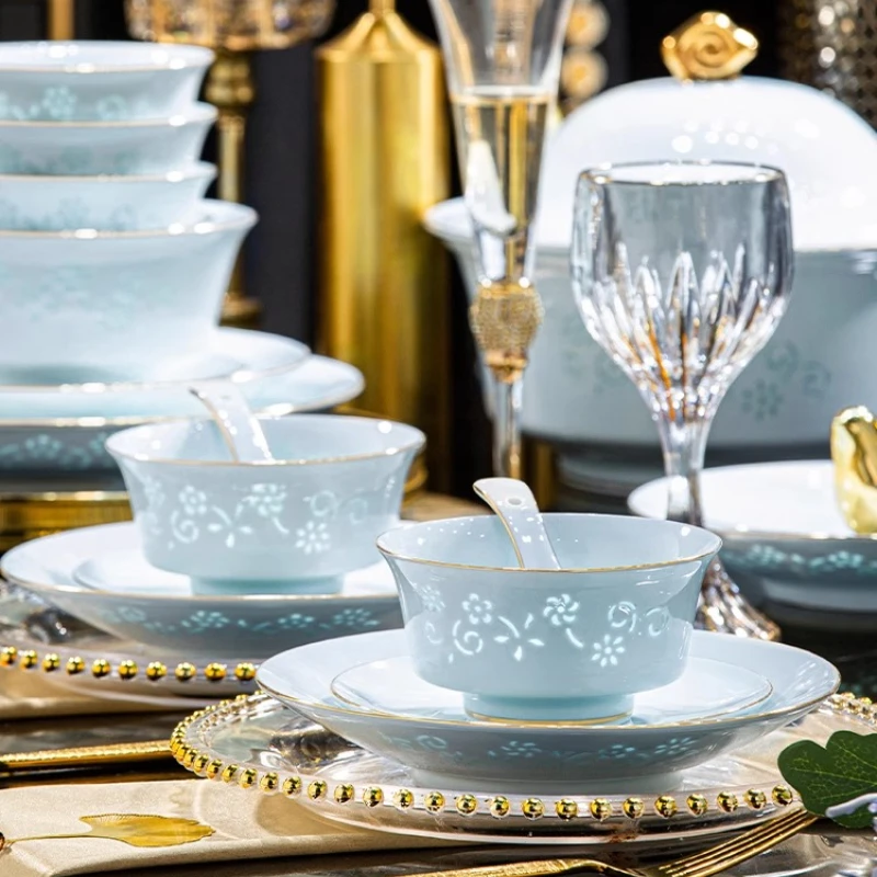 Jingdezhen Linglong Porcelain Dinner Set Tableware High-end Moving House Celebration Bowl And Plate Set Home Use Luxury Wedding