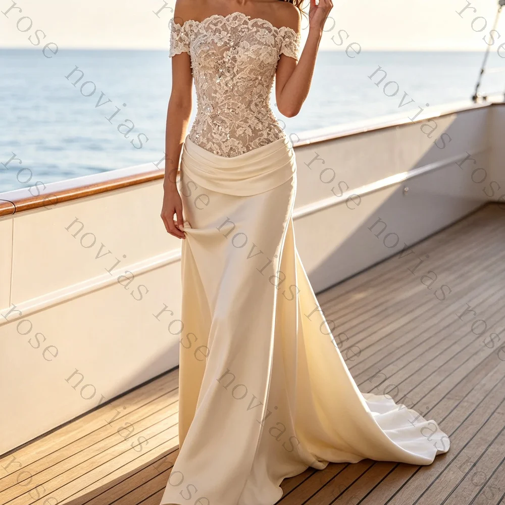 Customized Elegant Champagne Long Train Beach Bridal Gowns Off The Shoulder Sequin Lace Draped Satin Mermaid Wedding Dresses