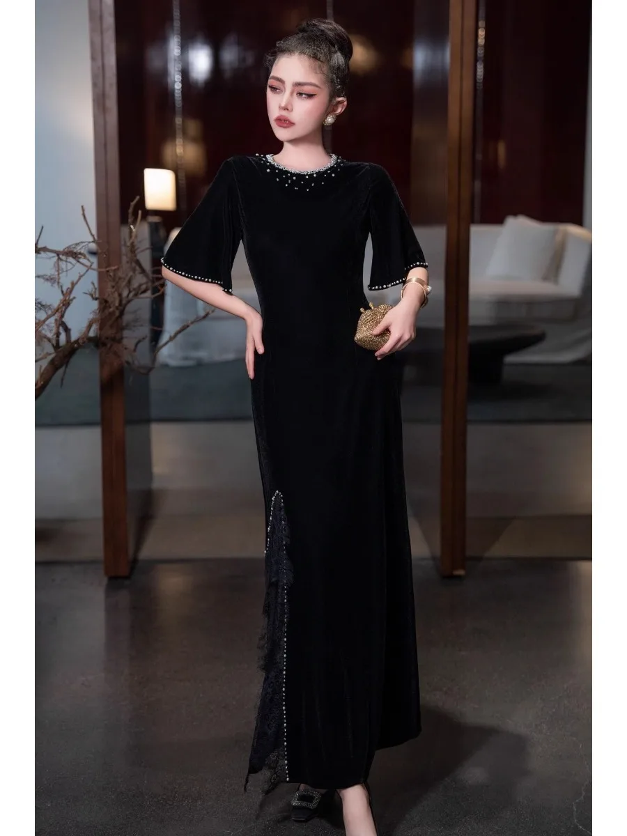 TWOTWINSTYLE Solid Spliced Diamonds Dresses for Women O Neck Short Sleeve High Waist Split Temperament Dress Female