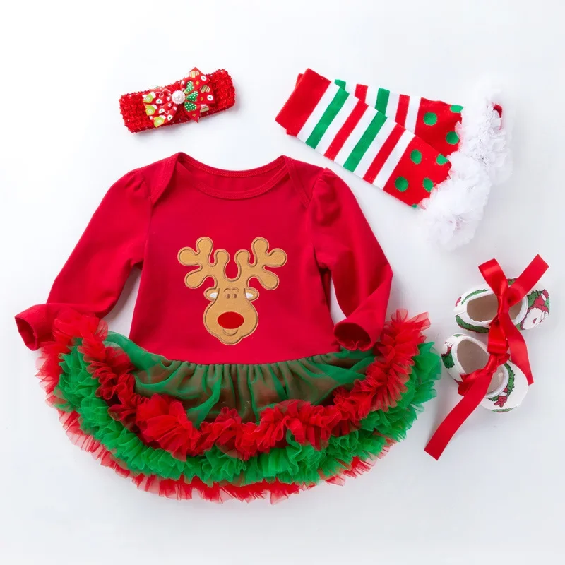 My First Christmas Baby Girls Outfits Deer Romper Dress + Shoes +Headband Newborns New Year Girls Clothes Sets