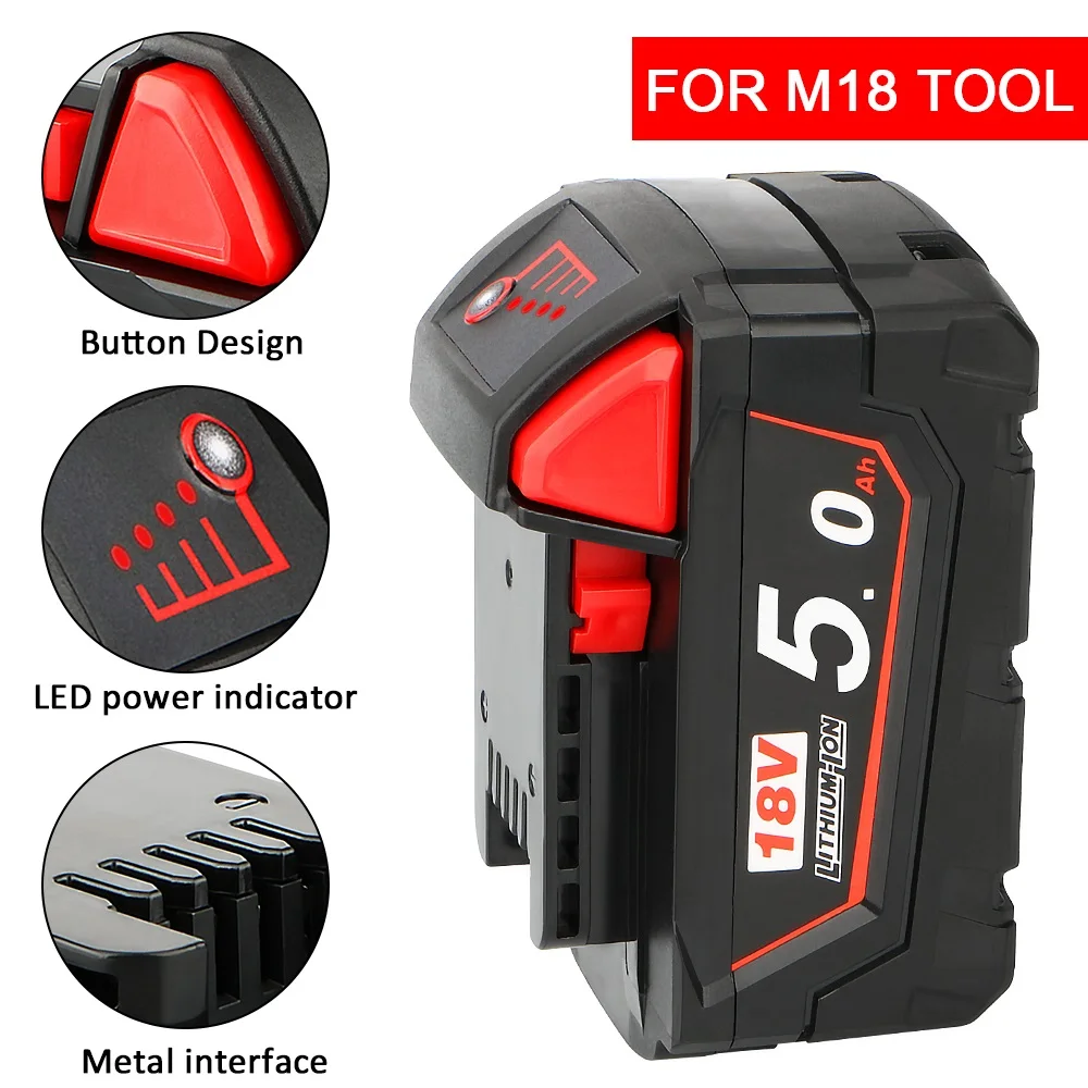 Náhradní lithium-iontová baterie M18 18V 5,0Ah červená pro Milwaukee M18B6 18V nářadí Lithium-iontová baterie 48-11-1860 48-11-1850 48-11-1820 - náhled 5