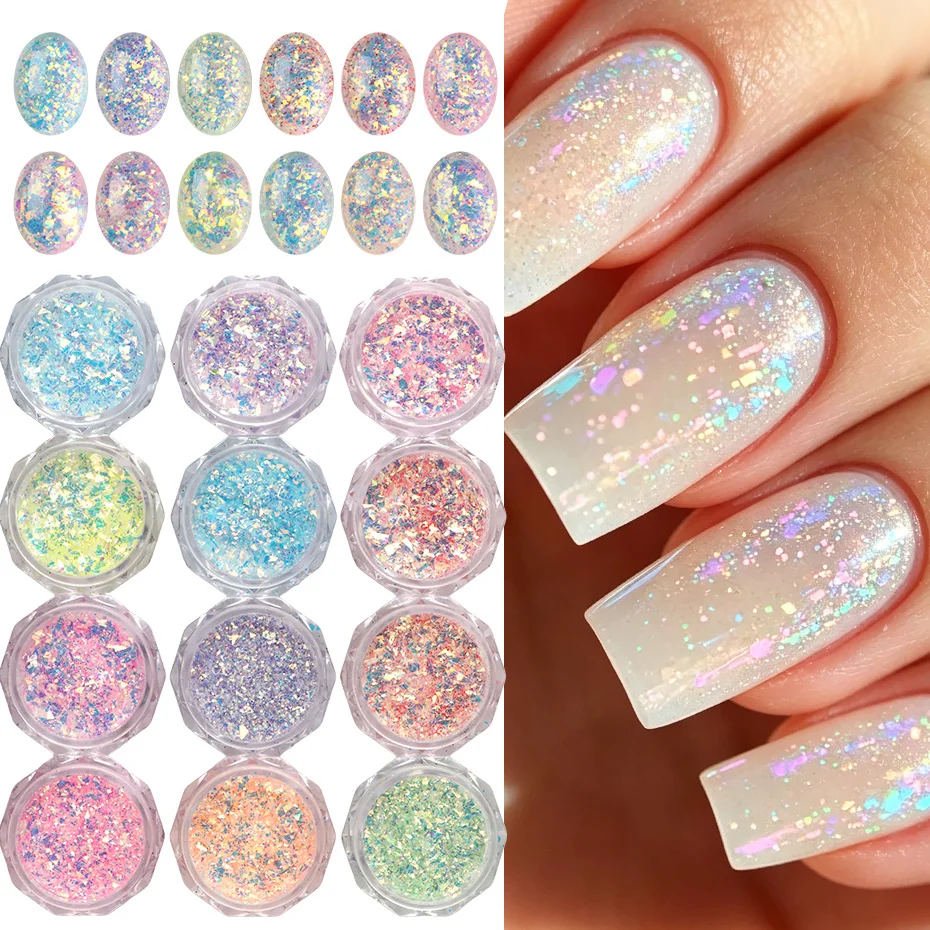 12 Farben Schillernde Meerjungfrauen-Nagelpailletten Aurora Holographische Unregelmäßige Nagelglitzer-Flocken DIY Nagelkunst-Dekorationen Zubehör