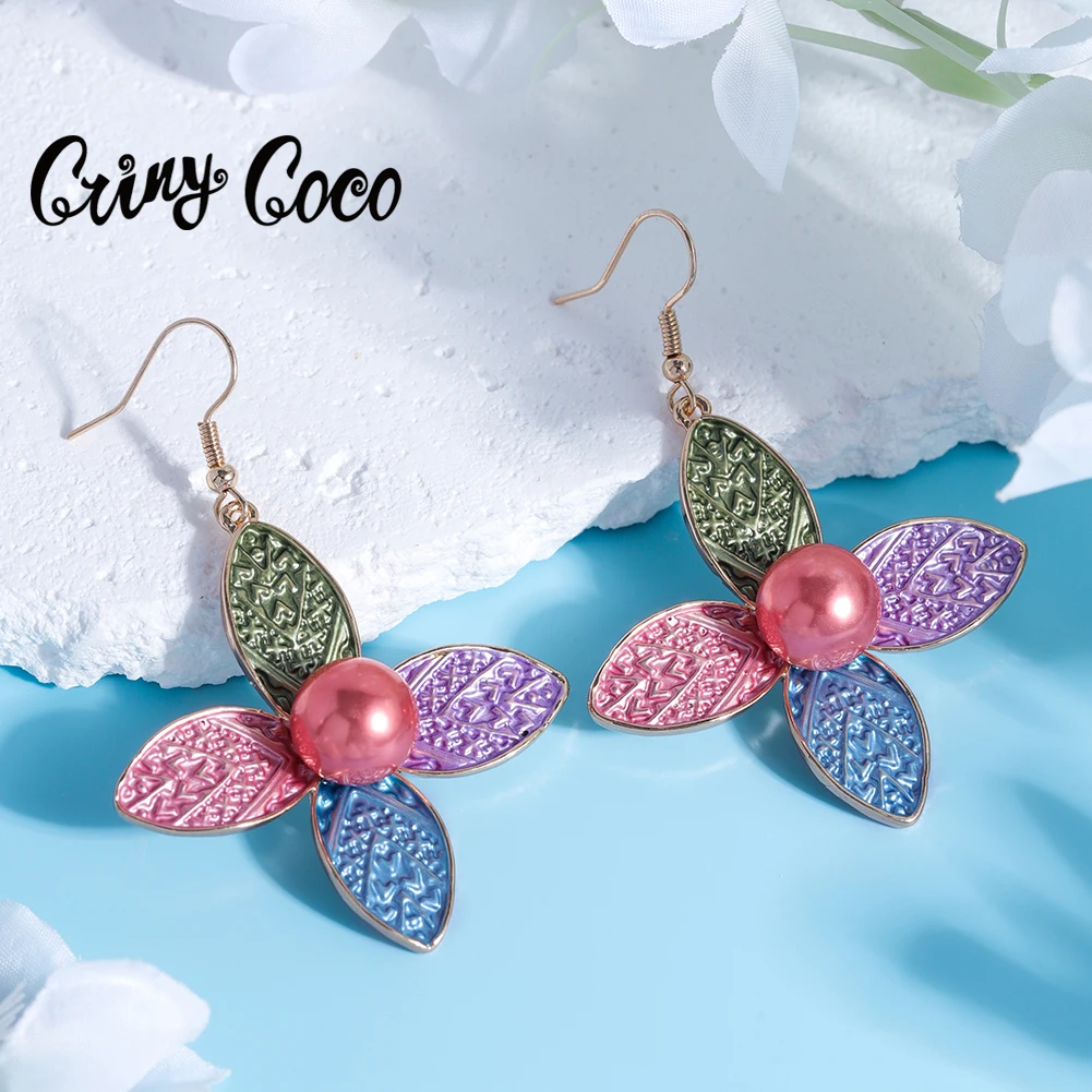 Sale Hawaiian Dangle Earrings Polynesian Jewelry 2023 Trending Products Gold Plated Purple Red Drop Flower Earrings for Women