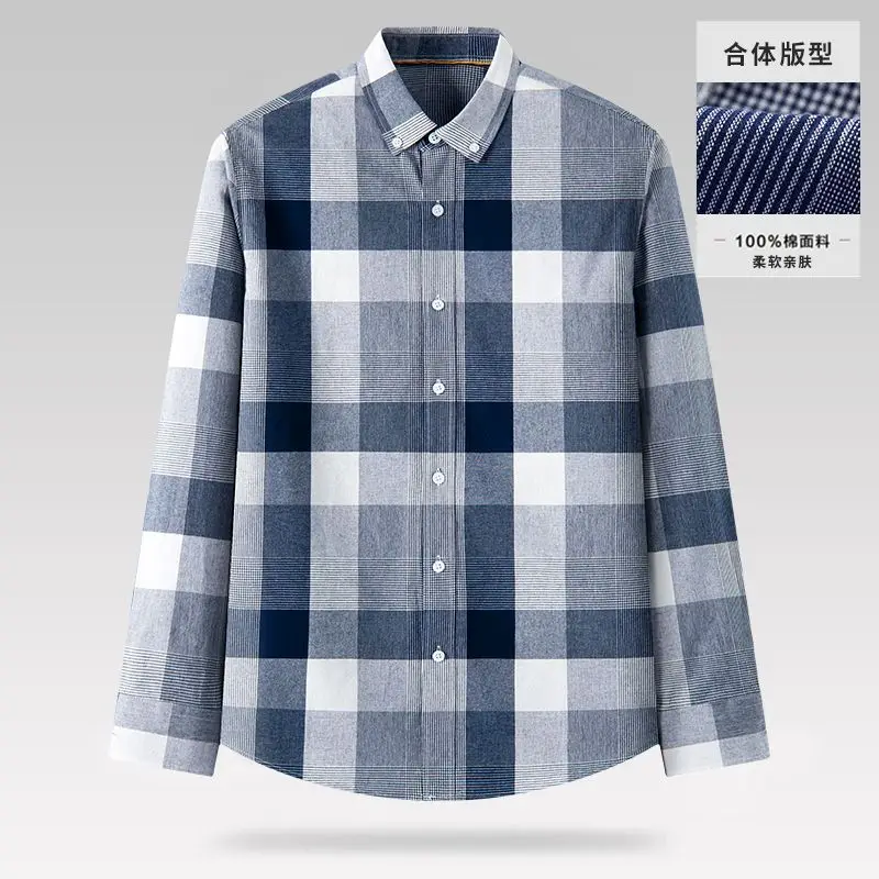 Elegant Fashion Harajuku Slim Fit All Match Shirt Lattice Button Stand Collar Cotton Long Sleeve Outerwear Casual Ropa Hombre