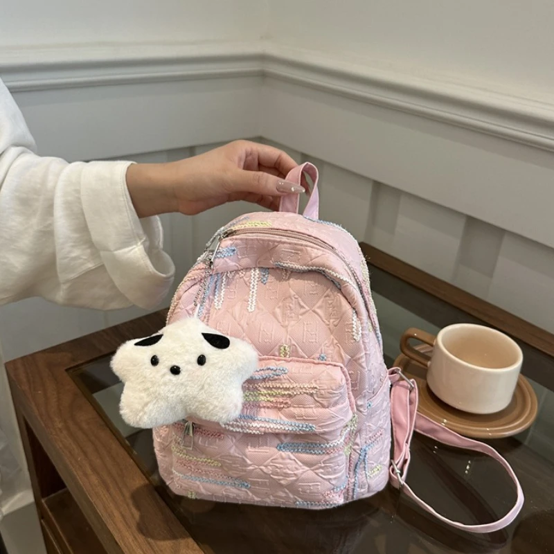 

Lightweight Embroidered Mini Backpack with Colorful Stitching Detachable Cloud Plush Charm Small Casual Backpack for Sweet Girl