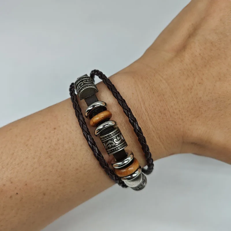 Leather Bracelet Simple Handmade Beaded Multi-layer Bracelet Fashion Popular Men's Niche Auspicious Buckle