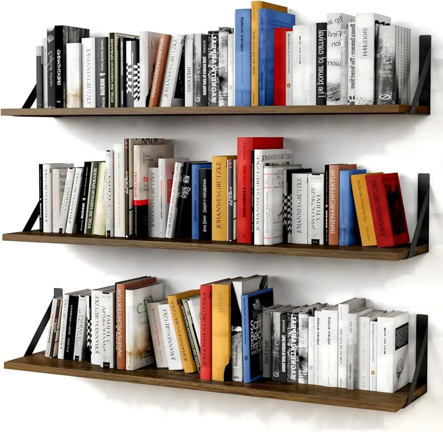 

Set of 3 Floating Wall Bookshelves, 36" Long Rustic Brown Wood Shelves for Bedroom Living Room Storage Decor