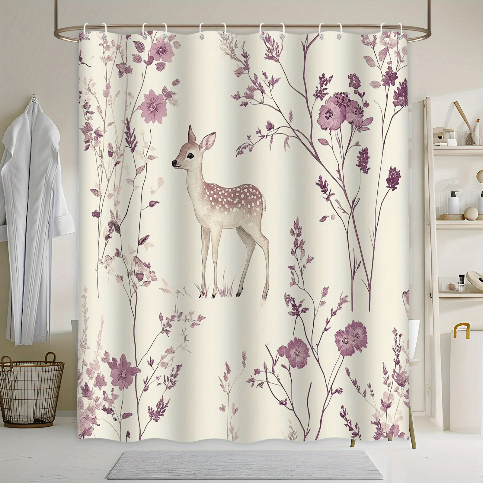 

Причудливая занавеска для душа с цветочным принтом палевого и сиреневого цвета — мягкий акварельный дизайн, полиэстер, 12 крючков, романтический мечтательный декор для ванны