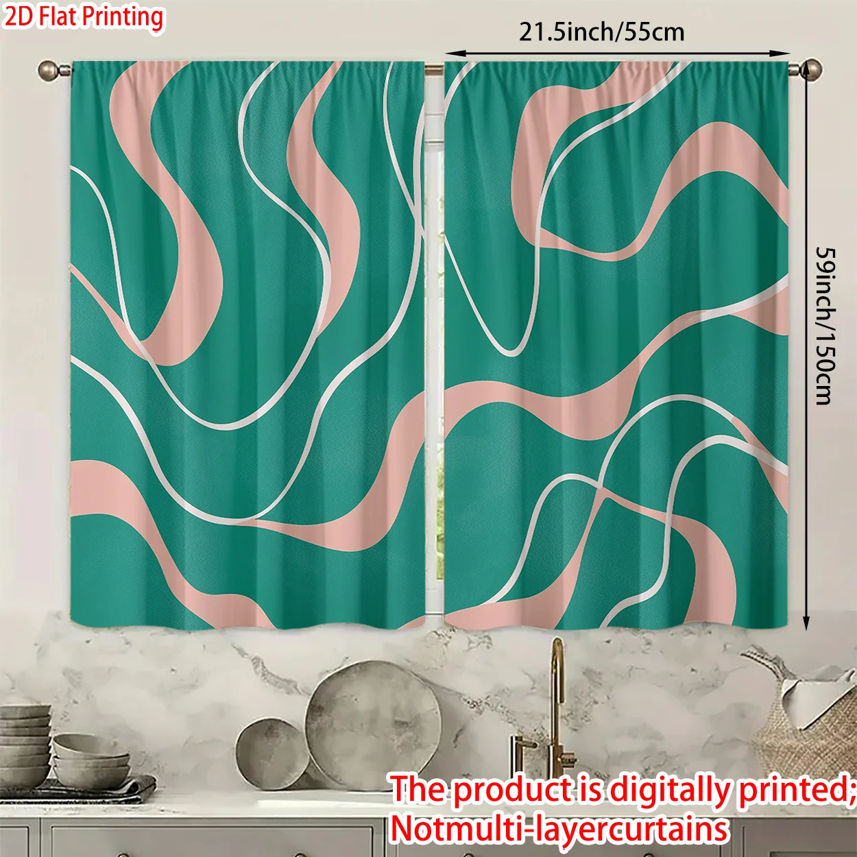 Modern Abstract Geometric Wave Curtains Teal Aqua and Peach Print Drapes for Living Room Bedroom Window Decor Panels
