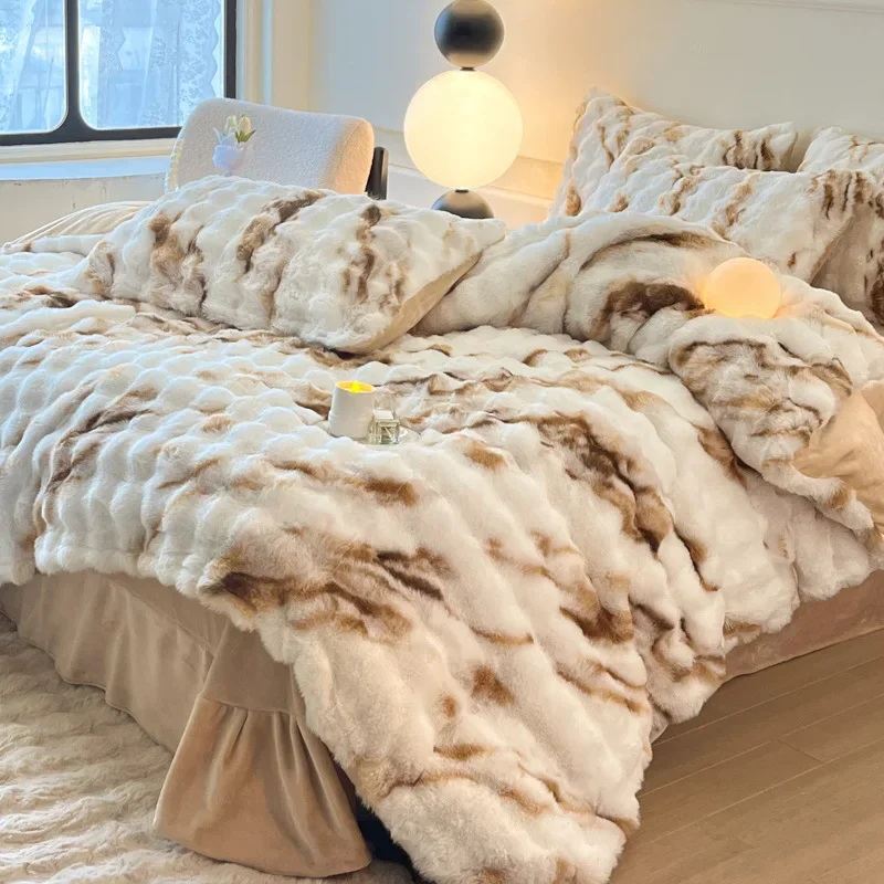 Iridescent Bubble Fleece Thick Bedding Set Queen Size Duvet Cover Bed Fitted Sheet Soft Warm Comfortable Winter Comforter Cover