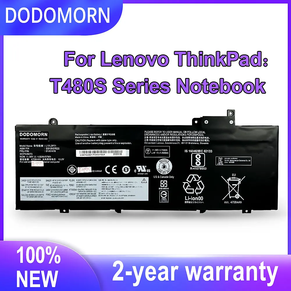 DODOMORN 100% New L17L3P71 Laptop Battery For Lenovo ThinkPad T480S Series 01AV478 SB10K97620 01AV479 01AV480 L17M3P71 L17S3P71