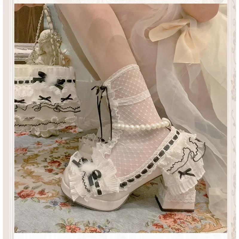

Pinkyo Original Lace Bow Ribbon Mary Jane Shoes Lolita Girl Elegant Black And White Contrasting Lolita High Heels