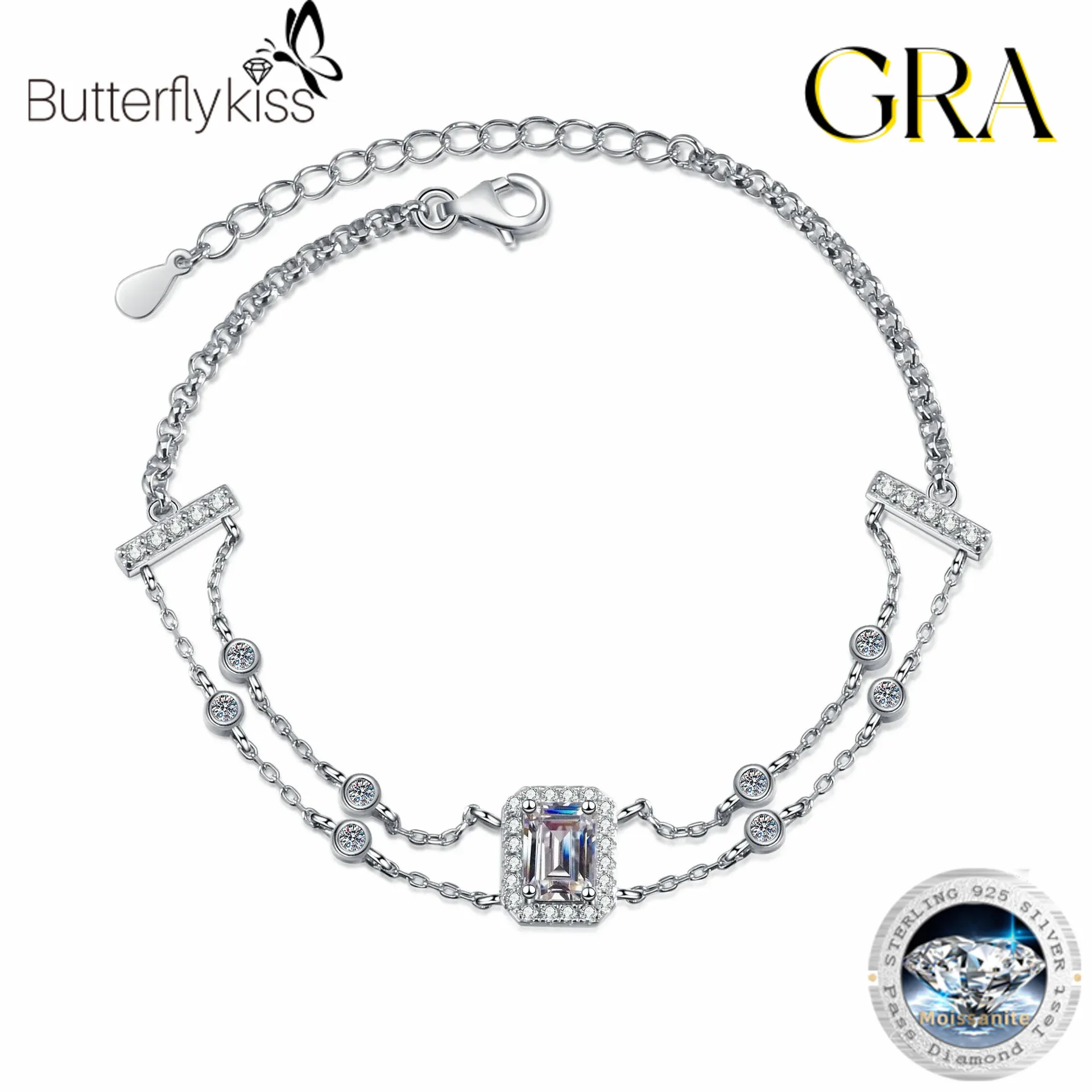 

Butterflykiss 5*7mm Emerald Cut Bracelet 925 Sterling Silver Bracelet Double Rows Of Bracelet Adjustable Bangle With Certificate