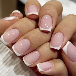 24Pcs/set French Pink Square Short Fake Nail Press On Nail White Edge Nude Pink Nail Tips Full-Cover Wearable French Tip