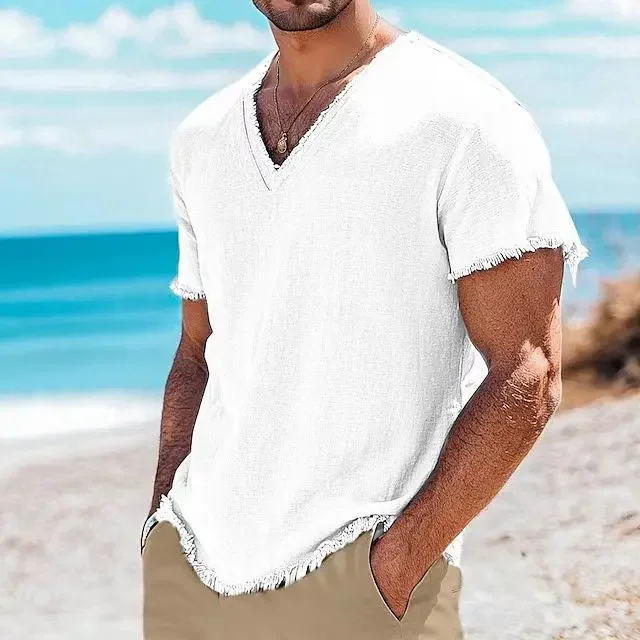 Herren Sommerhemd, Retro V-Ausschnitt Baumwolle-Leinen-Hemd, Hawaii Casual Kurzarm Strandhemd, Outdoor-Urlaubshemd – Detail 3