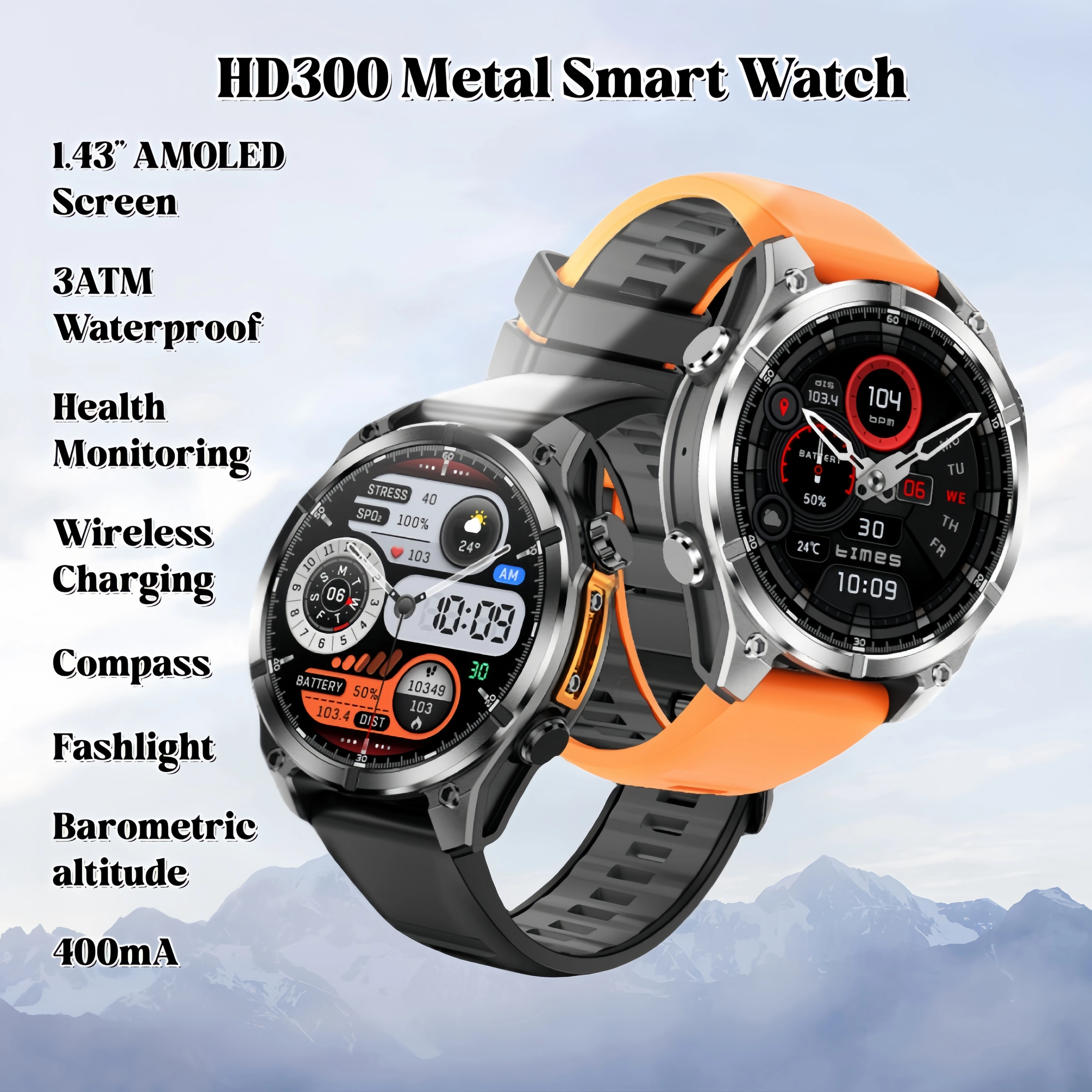 

1.43"AMOLED Screen Men Outdoor Atmospheric Pressure Altitude 3ATM Waterproof Smart Watches Blue Tooth Call Sports SOS Smartwatch