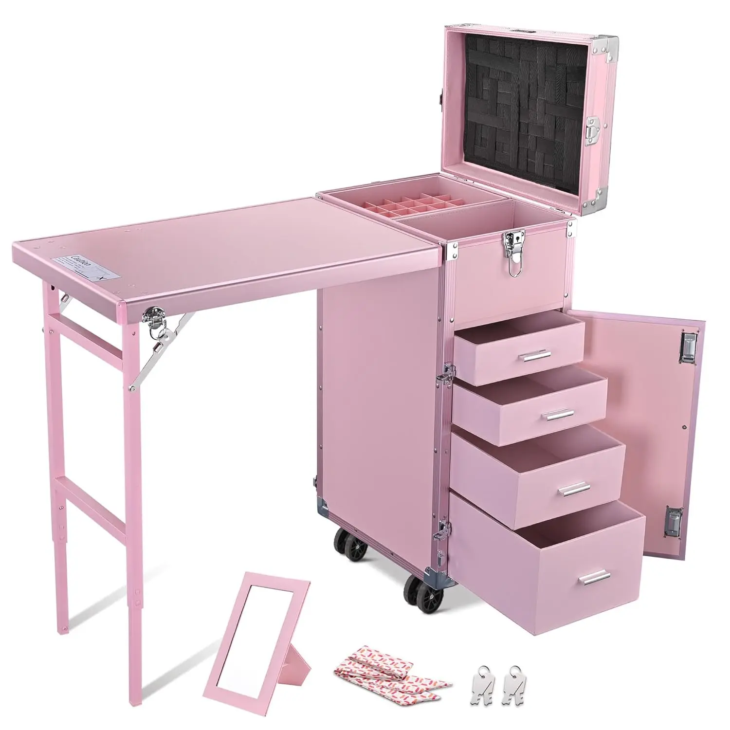 Rolling Manicure Table Portable Nail Table Foldable Nail Desk Travel Makeup Train Case Cosmetic Trolley Storage Organizer