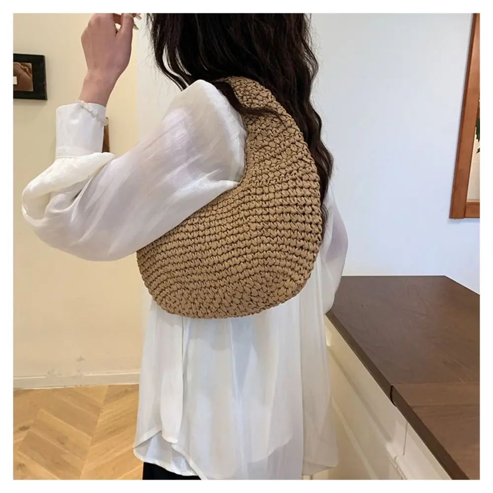 

Sweet Large Capacity Lafite Straw Bag Clutch Purse Handmade Grass Woven Bag Half Moon Wrist Circle Weave Tote Bag Beach