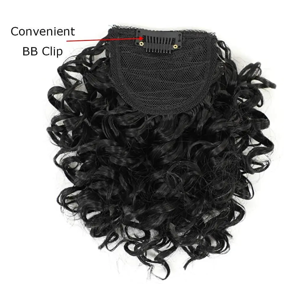 Peluca sintética G&T con flequillo rizado para mujeres afro, flequillo corto kinky rizado con clip (1B, flequillo individual) para uso diario 4