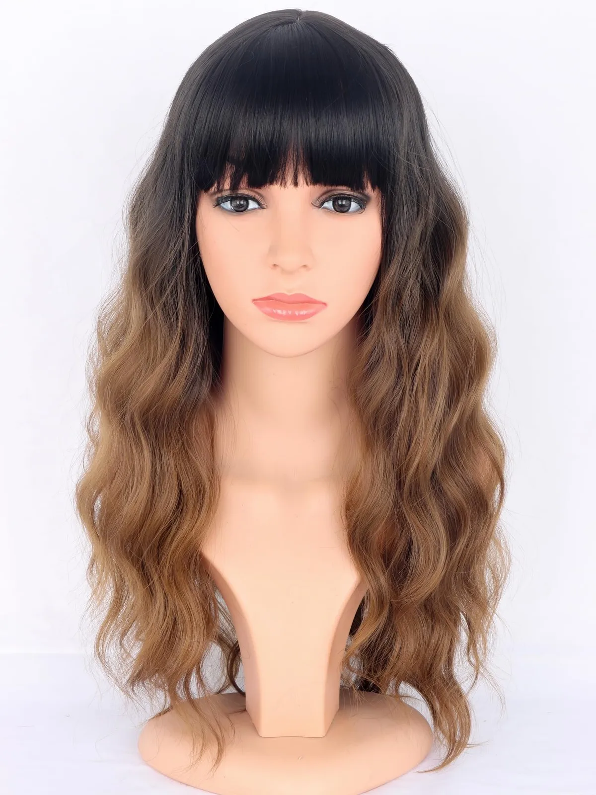 

Ombre Brown Wavy Wigs with Bangs for Women - Medium Long Synthetic Black To B...