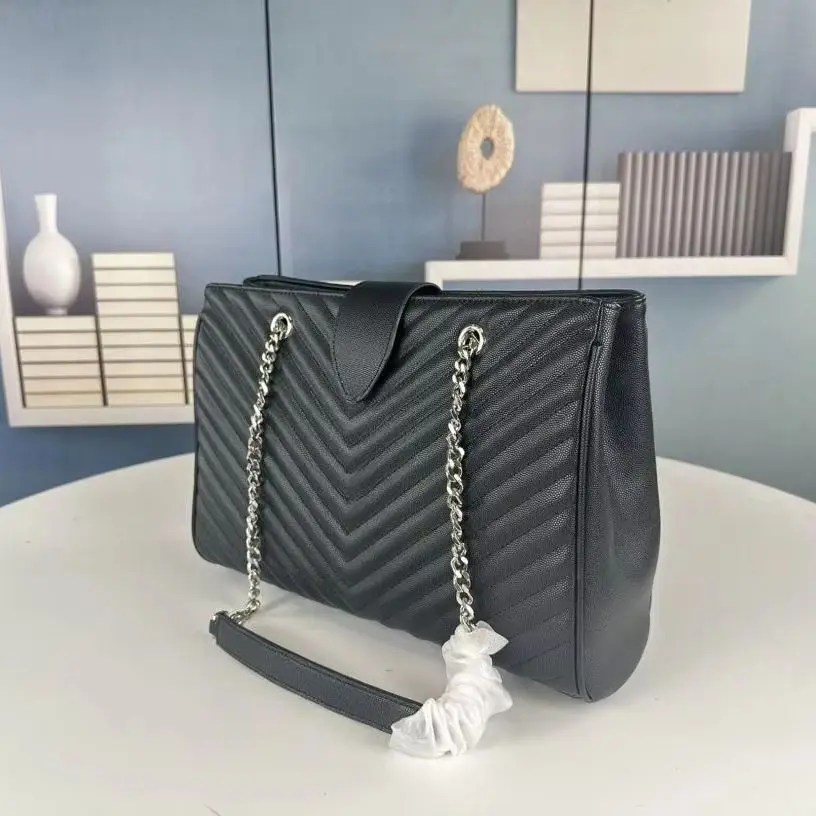 Black Caviar Leather Chevron V-Stitch Quilted Tote Bag, Large Flap Shoulder Crossbody with Two-Tone Silver Interwoven Chain, Luxury Designer Inspired Office Travel Handbag