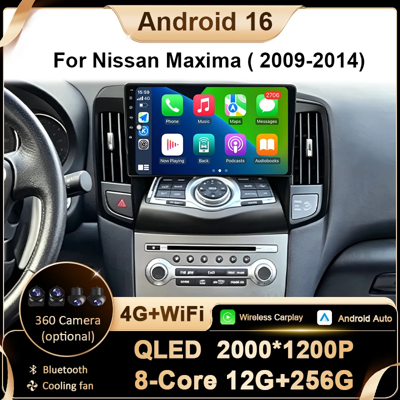 Android 16 Car Radio For Nissan Maxima 2009- 2014 8-Core 2K QLED Wireless CarPlay Android Auto DSP GPS Navigation Head Unit