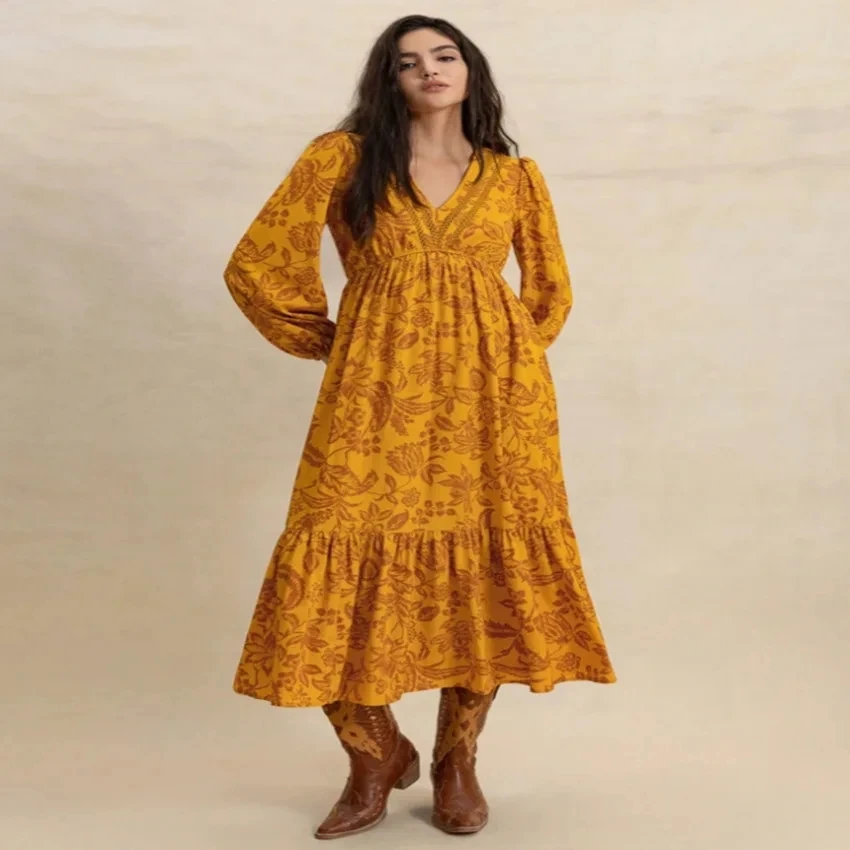 

Sukienki Wizytowe V-neck Spring And Summer Printed A-line Hem Dress Women's Waist Fashion Long-sleeved New Beach Vacation Dress