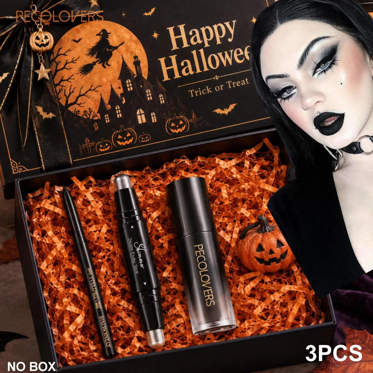 3PCS Black Tone Face Makeup Set, Lipstick + Eyeshadow + Eyeliner, Waterproof Long Lasting, Ideal for Holiday Party Makeup Look
