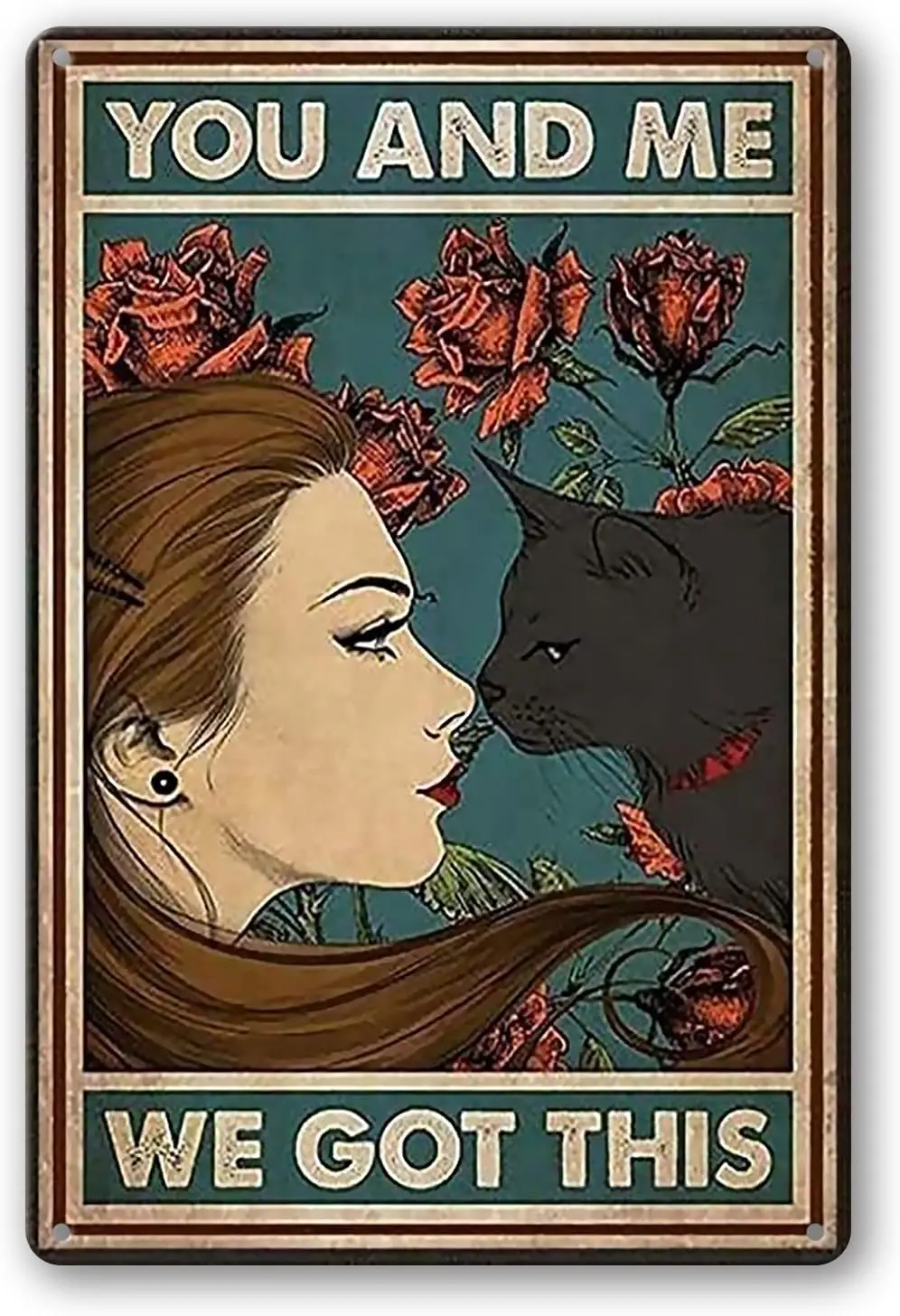 WEIMEILD Cat and Girl, Black Vintage Metal Sign Poster Retro Posters Wall Decorative Plates Home Decor inch(Tin-78)-aluminum