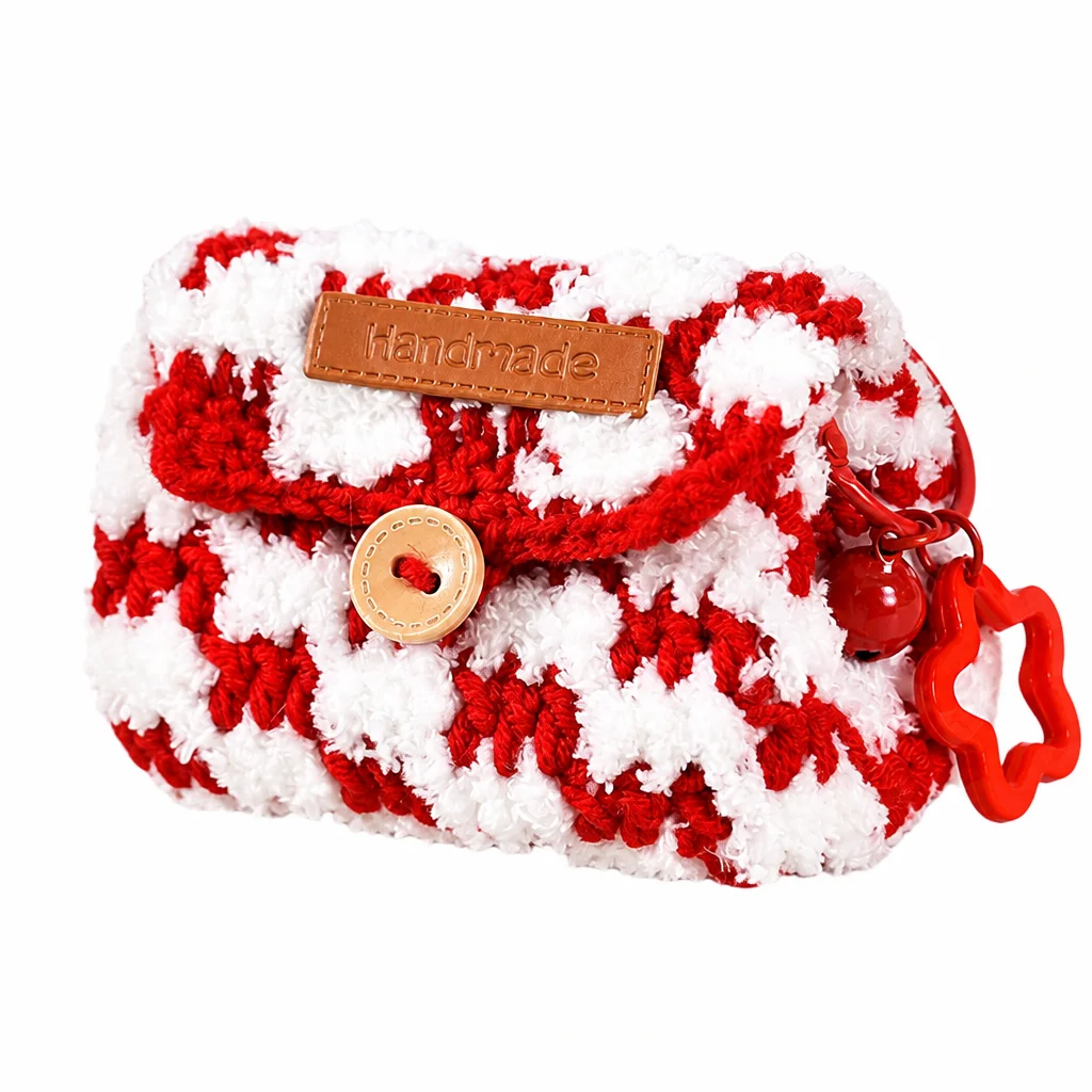 Knit Checkerboard Coin Purse Universal Earbud Storage Pouch Anti-Pilling Acrylic Yarn Small Drawstring Bag for Coin Keys Travel