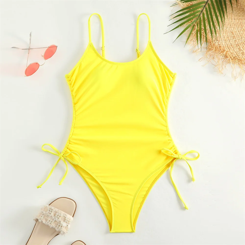 Bikini blanco con cordón plisado, traje de baño de una pieza Y2K, Monokini de tendencia, traje de baño Sexy para vacaciones, ropa de playa