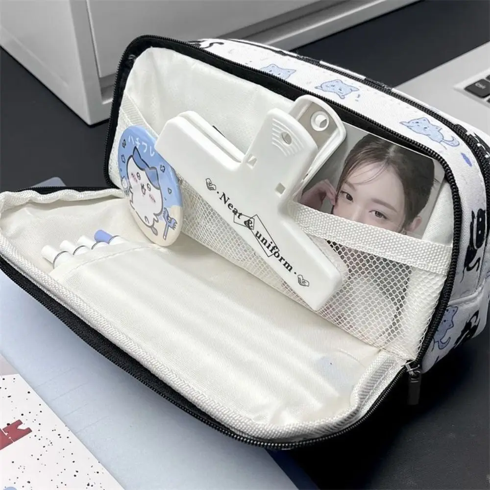 High Quality Large Capacity Pen Bag Cute Snow Cat Double Zipper Stationery Bag Multifunctional Pencil Case Student Gift