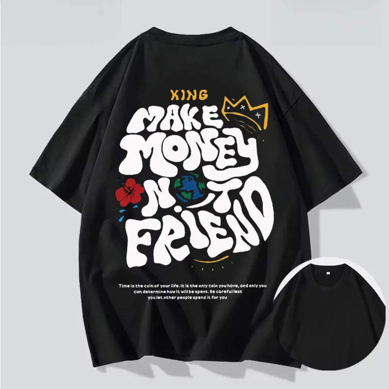 

Unisex Geometric Printed T-shirt with "Make Money, Don't Be Friends" Pattern Couple's Tee Street Fashion Harajuku Loose Clothing