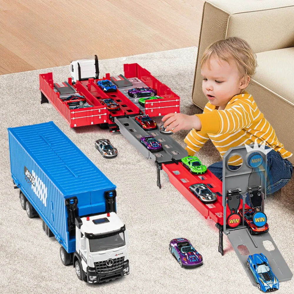 1:50 Container Rail Catapult Model Alloy Toys Car Diecast Foldable Vehicle with Sound Light Pull Back Door Opened Children's Toy