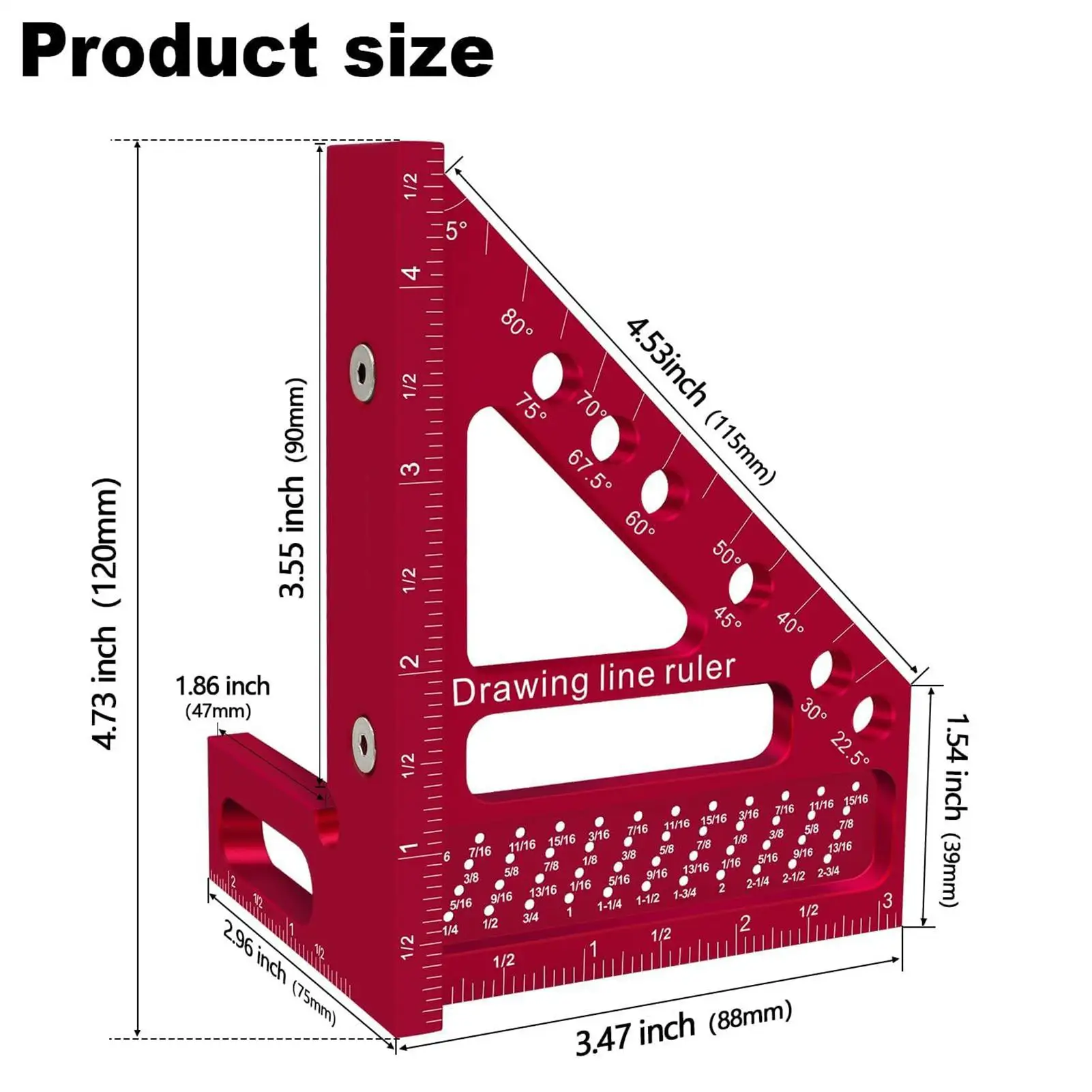 Carpinteiro quadrado precisão carpintaria enquadramento ferramentas transferidor régua 22.5-90 graus liga de alumínio linha desenho ferramenta