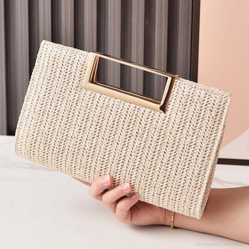 

European Style Straw Evening Bag 2025 New Square Buckle Clutch Simple Dinner Bag for Women Shoulder Crossbody Bags