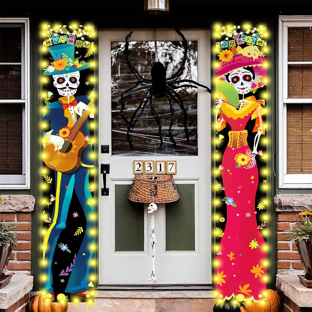 

Halloween Mexican Day Of The Dead Party With Lamp Porch Sign Halloween Hanging Door Curtain Banner With Lamp Home Decor Tools