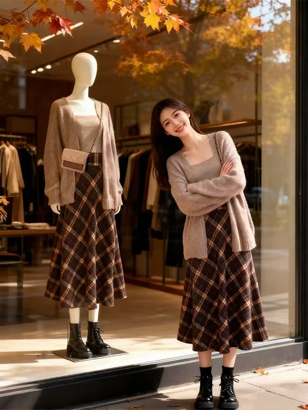 

Зимний нежный клетчатый комплект из футболки, вязаный кардиган, юбка, повседневная свободная юбка, длинный свек, женский ансамбль Faion