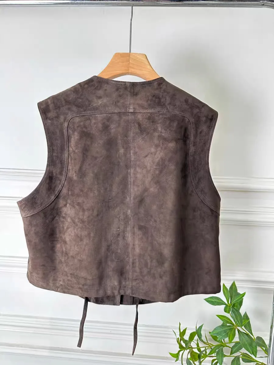 Retro Kid Pelle scamosciata 100% pelle di pecora Top Abbigliamento per donna Gilet in vera pelle Stile corto Girocollo britannico Abbigliamento a strati