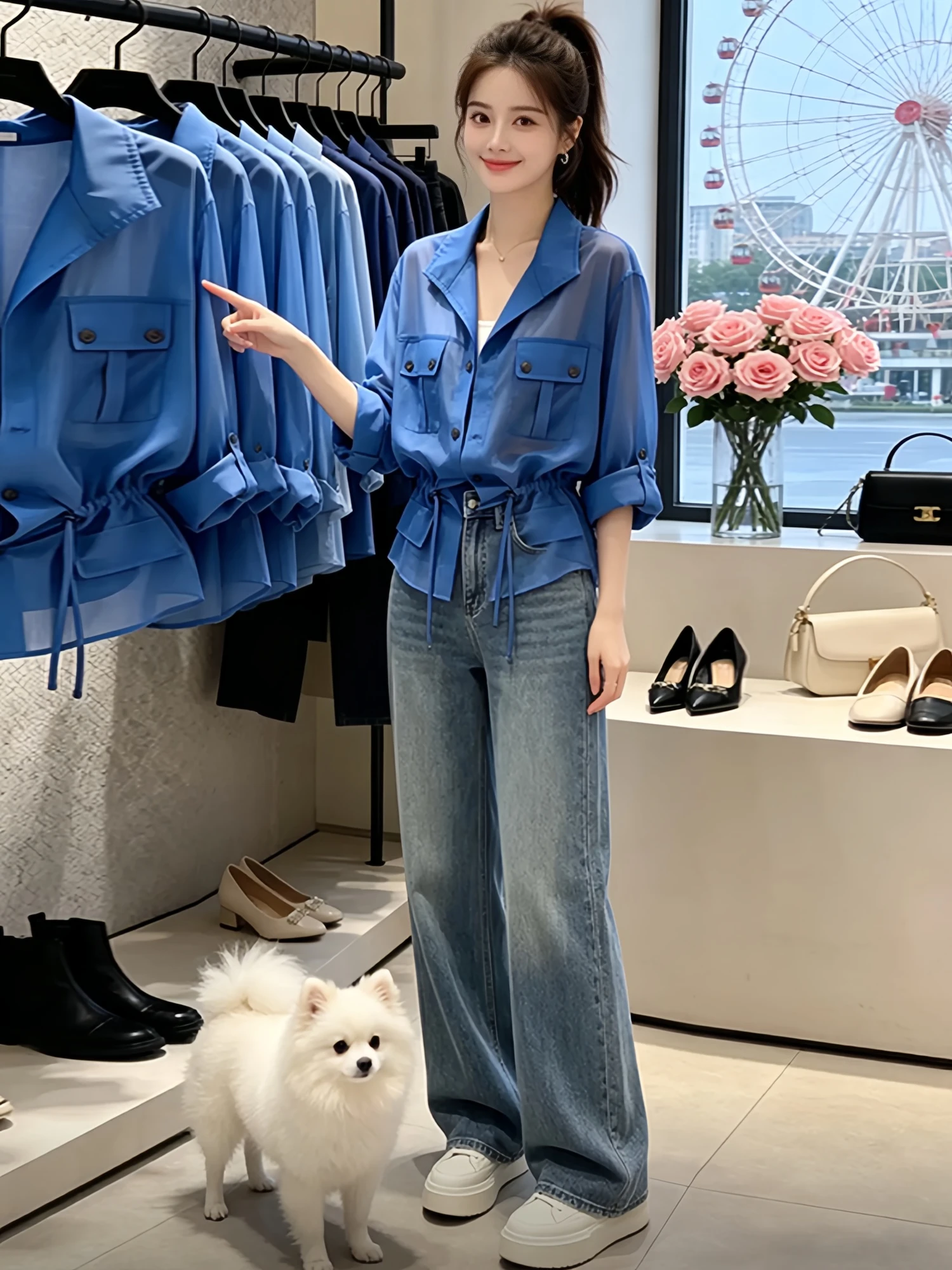 

Klein Blue Sun Protection Shirt Summer New Style Casual Loose Fit Women's Workwear Pockets Waist Cinching Slimming Top