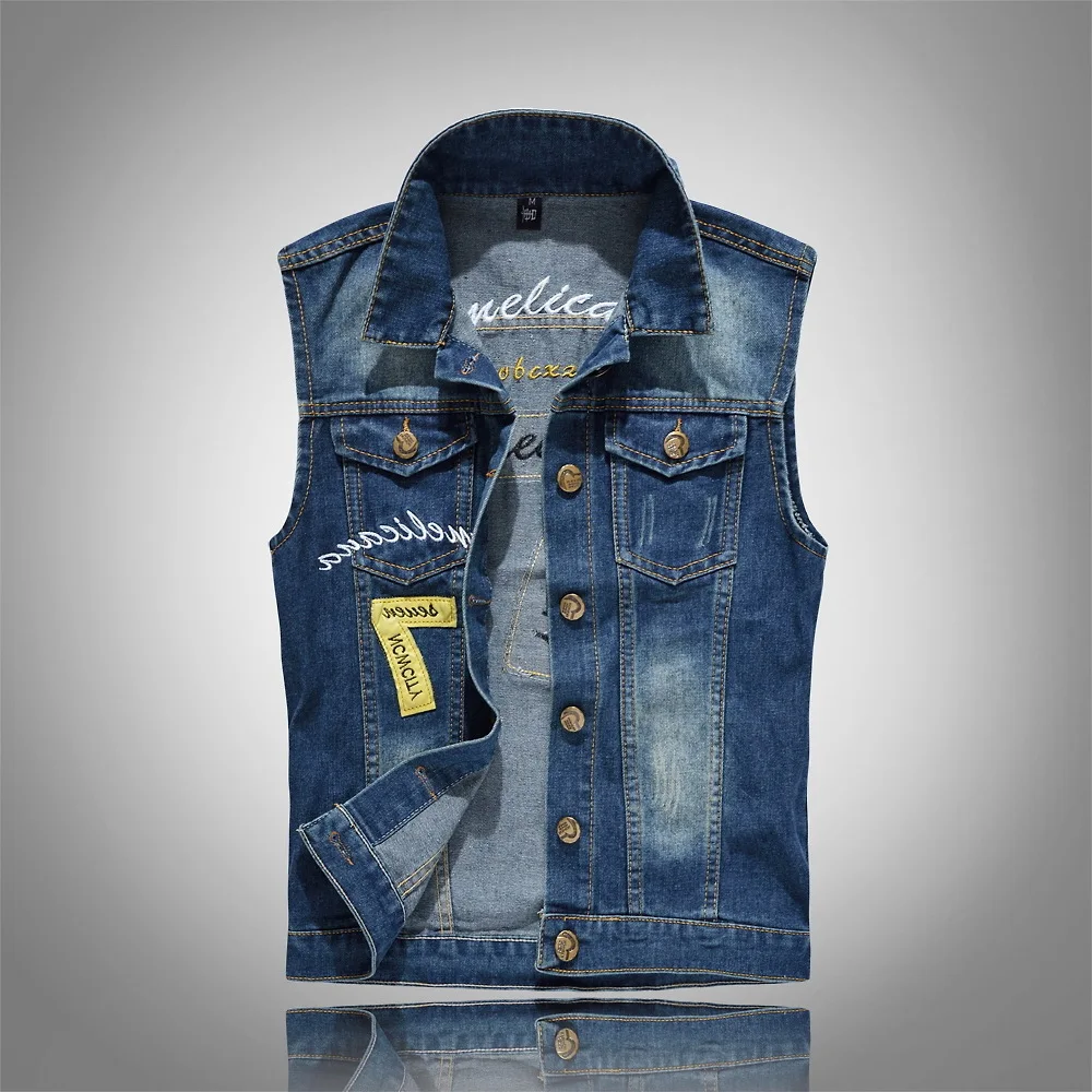 

New 80s Vintage Men's Denim Vest Male Sleeveless cotton soft comfortable Jackets Hole Jeans Brand fashion top Waistcoat plus 6XL