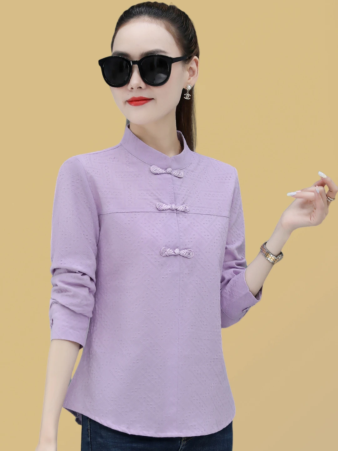 レディース長袖純綿シャツ春秋新作民族風ボタンアップスリムトップスお母さん向けおしゃれママ服