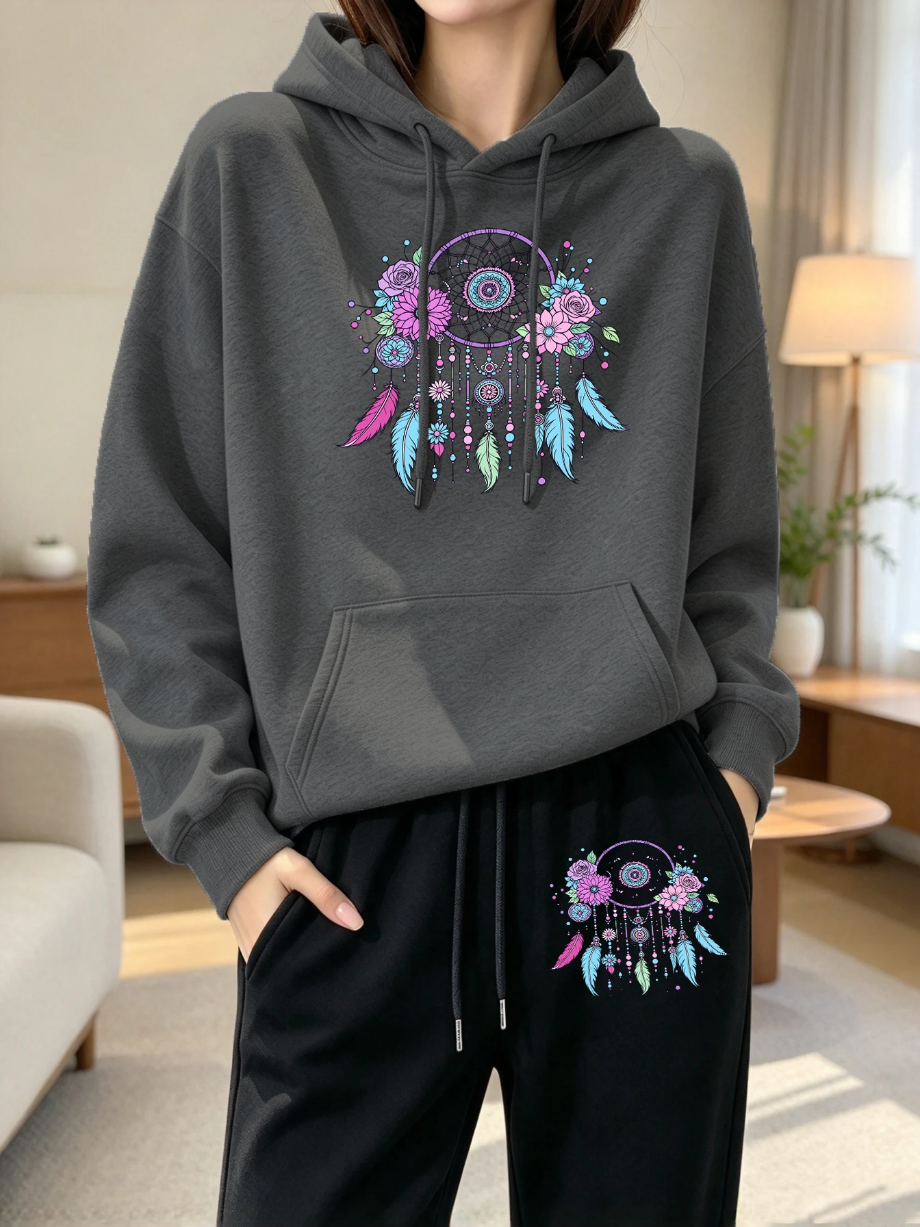 다채로운 색상의 드림캐처, 파란색 꽃무늬, 깃털 프린트 - Winter Clothing For Women 리뷰 및 가격