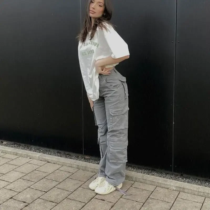 Women Cargo Pants Low Waist Vintage Grey Loose Streetwear Baggy Jeans Retro Sporty Pockets Wide Leg Denim Trousers Overalls