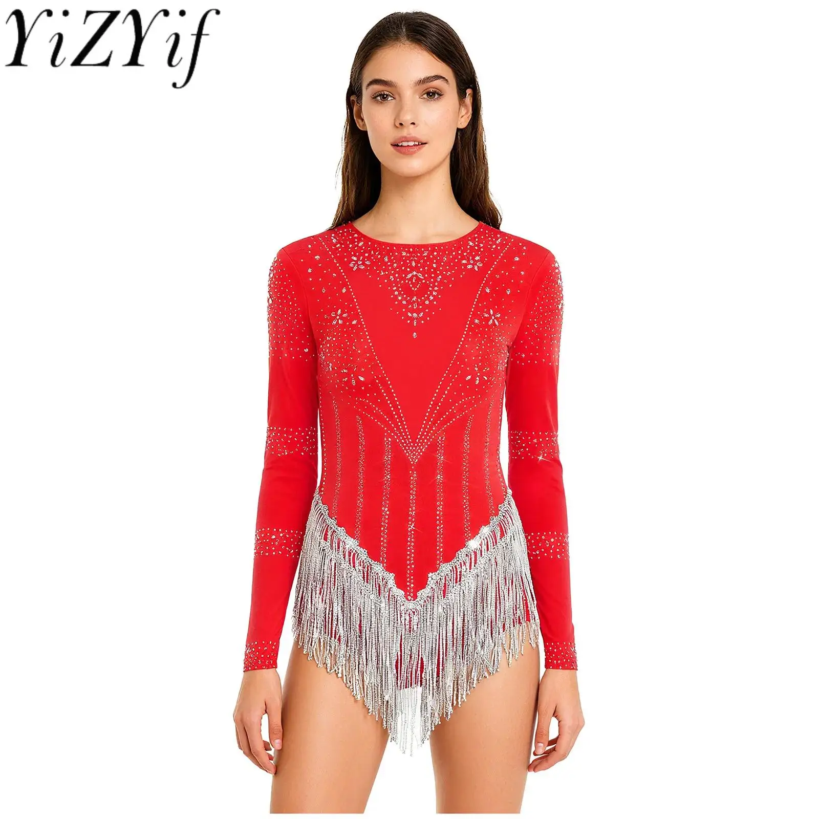 

Women Lyrical Tassel Latin Samba Rumba Tango Dance Bodysuit Sequin Long Sleeve Leotard for Latin Chacha Dance Performance Wear